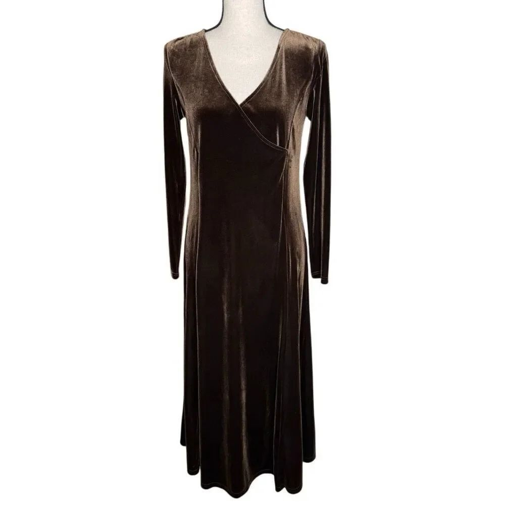 Eddie Bauer Midi Dress Brown Velvet Surplice Bodice Size SP, Retro, Elegant,Chic